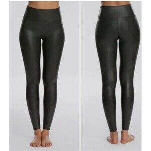 SPANX Black Faux Leather Leggings Women's Size XL Slimming High Rise Shapewear